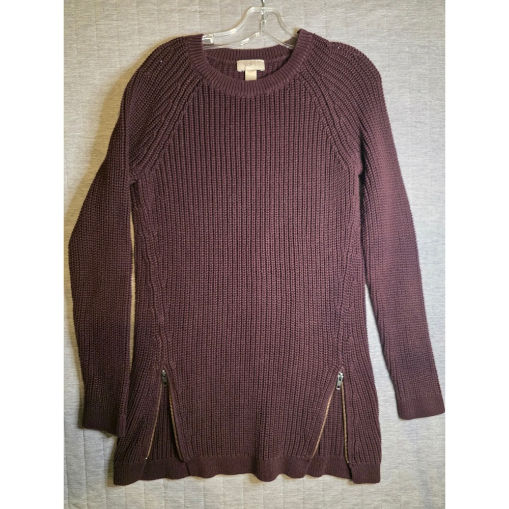1490 LOFT Plum Purple Shaker Knit Tunic Sweater Side Zippers 100% Cotton Large